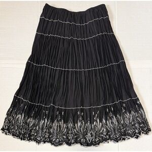 SUNNY TAYLOR - Women's Black Peasant Skirt Embroidered Hem Boho Skirt - Large